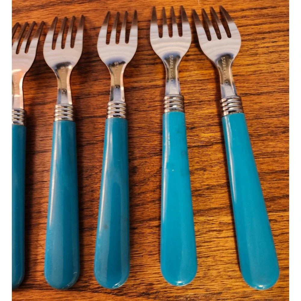 MCM Turquoise Blue 16 Piece Flatware Set Stainless Steel 8 Forks 8 Spoons Teal